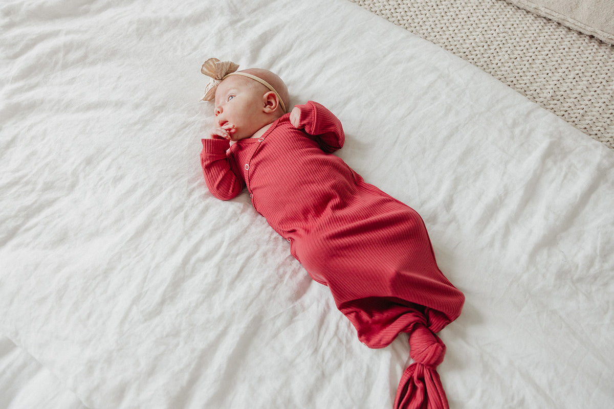 Rib Knit Newborn Knotted Gown - Berry