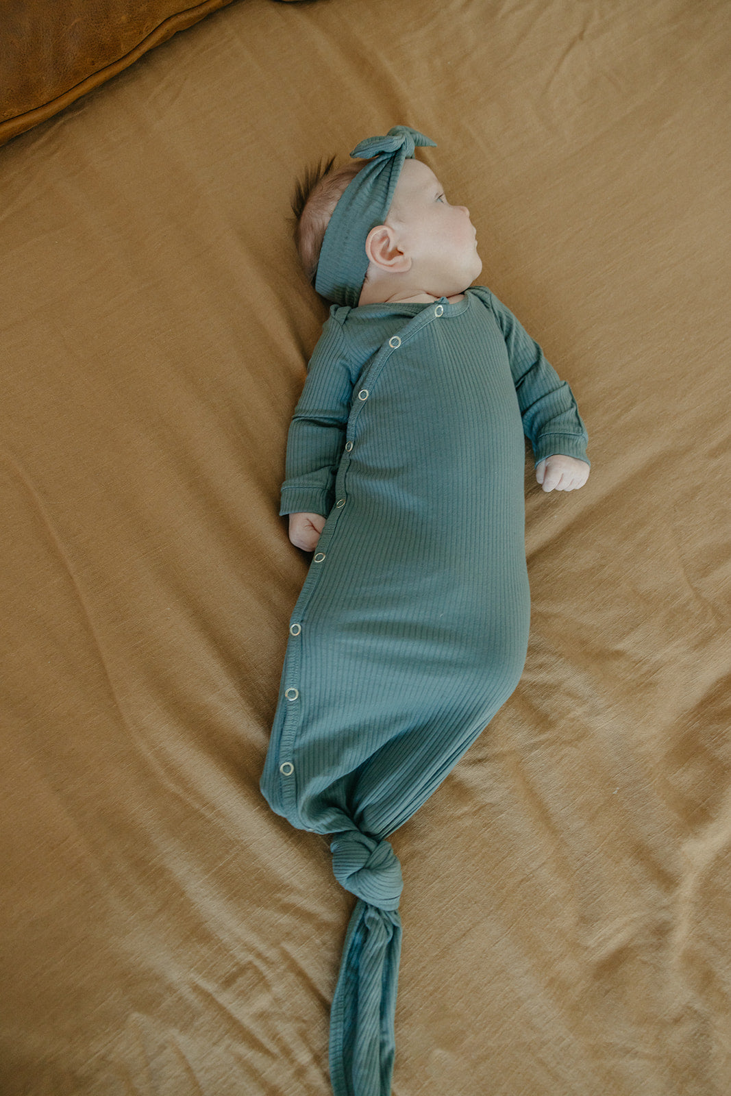 Rib Knit Newborn Knotted Gown - Moss